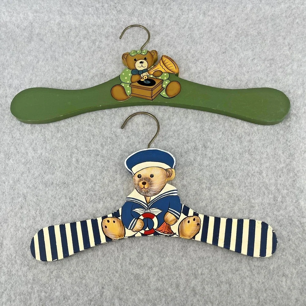 Teddy Bear Wooden Hangers Hand Painted 90s Kids Set‎ Of 2 Striped Nursery Decor